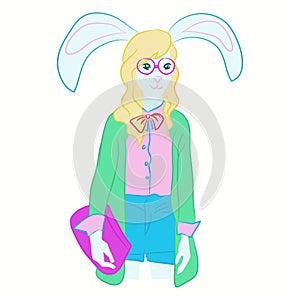 Hand drawn illustration of hare girl dressed up in cool clothes. hare hipster. Magazine fashion look. Vector poster