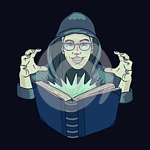 Hand drawn illustration of Hooded writer man wearing glasses in green light of magic spell book.
