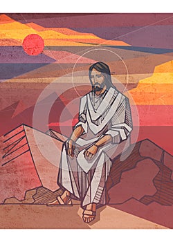 Hand drawn illustration of Jesus in the desert