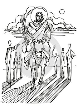 Hand drawn illustration of Jesus entering Jerusalem on a donkey