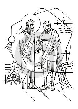 Hand drawn illustration of Jesus and Peter