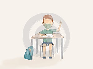 Hand drawn illustration of a kid using face mask pointing up on a school desk