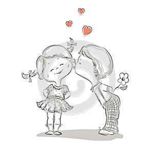 Hand drawn Illustration of kissing boy and girl