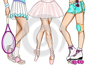 Hand drawn illustration - legs of girls practicing sport