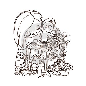 Hand drawn illustration of a little fairy watering mushrooms from a watering can. Vector coloring book page of a magic