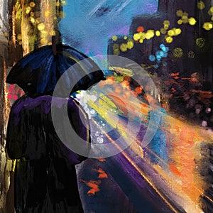 Hand drawn illustration of man womn with umbrella in night evening city town. Lights traffic busy street cityscape