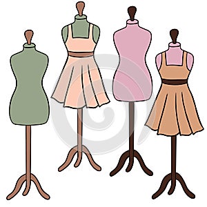 Hand drawn illustration with mannequin dress clothes sewing crafts dressmaking items. Sage green brown beige polka dot