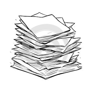 Large Stack of Papers, Documents Pile, Hand-Drawn Illustration