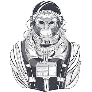 hand drawn illustration of a monkey astronaut, chimpanzee in a space suit