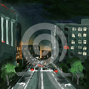 Hand drawn illustration oil painting of night cityscape, modern city scene. Road highway buildings in twilight evening