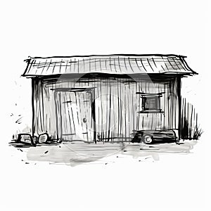 Hand Drawn Illustration Of An Old Shed In Cambodian Art Style