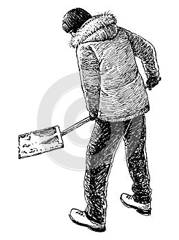 Hand drawn illustration of one man with shovel removing snow, vector illustration isolated on white