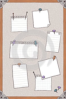 Hand drawn illustration of pin board with pins and empty note papers