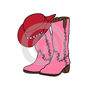 Hand drawn illustration of pink cowboy cowgirl boots red hat in western southwestern style. Black line drawing of ranch