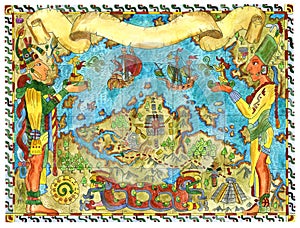 Hand drawn illustration with pirate map of maya and aztecs treasures