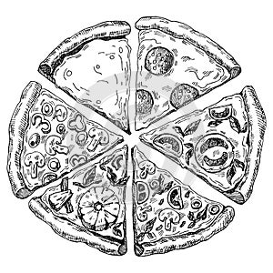 Hand drawn illustration of pizza. six pieces