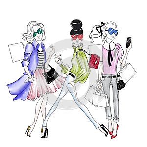 Hand drawn Illustration - Pretty fashion girls doing shopping