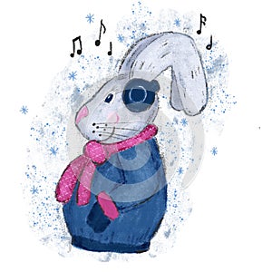 hand drawn illustration of rabbit hare bunny. Winter new year christmas cartoon of character listening to music tunes
