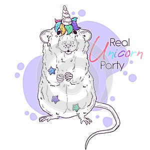 Hand drawn illustration of the rat with a magic unicorn horn. Vector.