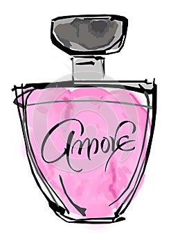 Hand drawn illustration of red glass bottle fragrance perfume for women .