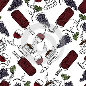 Hand Drawn Illustration. Red wine, glasses of wine, grapes, coffee