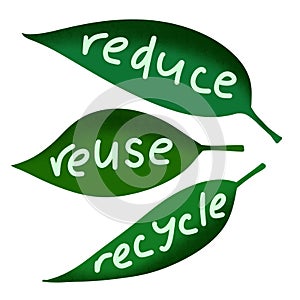 Hand drawn illustration of reduce reuse recycle ecological concept on green leaf leaves. Environment protection slogan