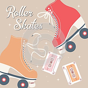 Hand drawn illustration with retro roller skates and cassette tapes. Colorful vector