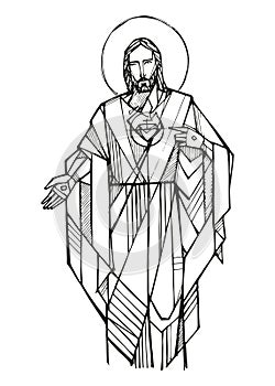 Hand drawn illustration of sacred heart in Jesus