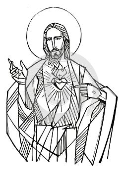 Hand drawn illustration of sacred heart in Jesus