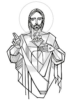 Hand drawn illustration of sacred heart in Jesus