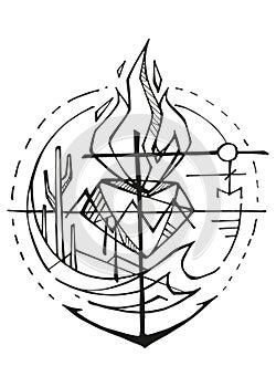 Hand drawn illustration of sacred heart symbols