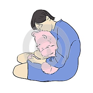 Hand drawn illustration of a sad asian girl hugging a teddy bear.