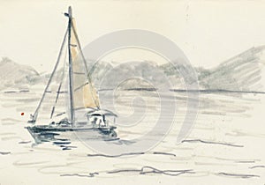 An hand drawn illustration, scanned picture - summer time - the boat