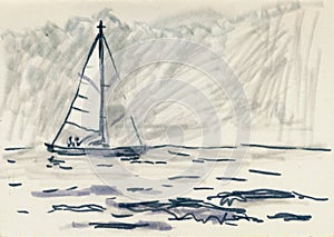 An hand drawn illustration, scanned picture - summer time - the boat