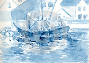 An hand drawn illustration, scanned picture - summer time - the boat