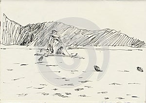 An hand drawn illustration, scanned picture - summer time - paddleboard