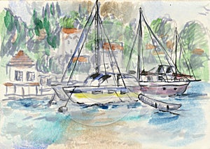 An hand drawn illustration, scanned picture - summer time - port