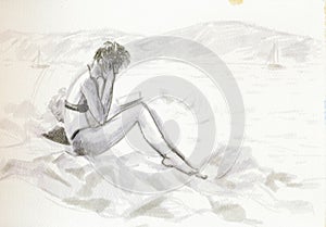 An hand drawn illustration, scanned picture - summer time - relaxation on the beach