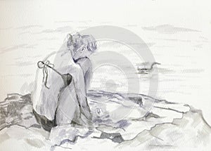 An hand drawn illustration, scanned picture - summer time - relaxation on the beach