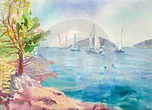 An hand drawn illustration, scanned picture - summer time - sea surface