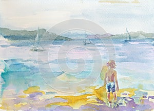 An hand drawn illustration, scanned picture - summer time - sea surface