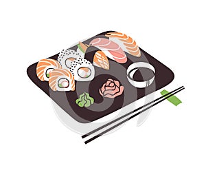 Hand drawn illustration sea food. Creative ink art work Asian dinner. Actual vector drawing sushi roll