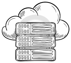 Hand drawn illustration of a server rack in a cloud representing cloud computing and data hosting