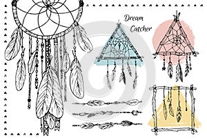 Hand drawn illustration - Set of Dream catchers. Tribal design