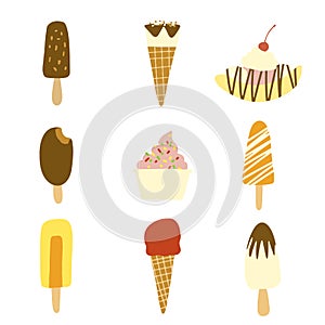 Hand drawn illustration of set of various types of ice cream including frozen yogurt, gelato, soft serve, waffle cones