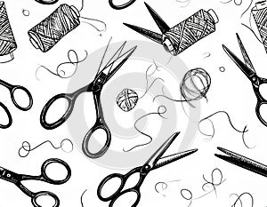 Hand-drawn illustration of sewing tools including scissors and thread spools