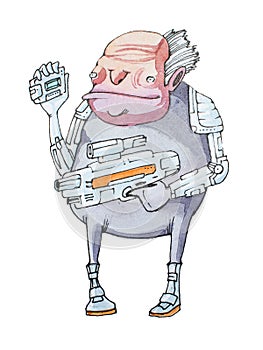 Hand-drawn illustration of short decrepit-looking old man in futuristic costume holding a weapon and electronic gadget