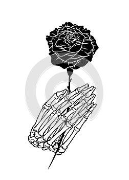 Hand Drawn Illustration of Skeleton Hand Holding a Rose