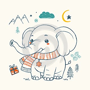 Hand-drawn illustration of a smiling elephant in a cozy scarf, surrounded by festive winter icons