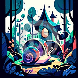 Hand drawn illustration of a snail and house in the forest. Vector illustration. Generative AI